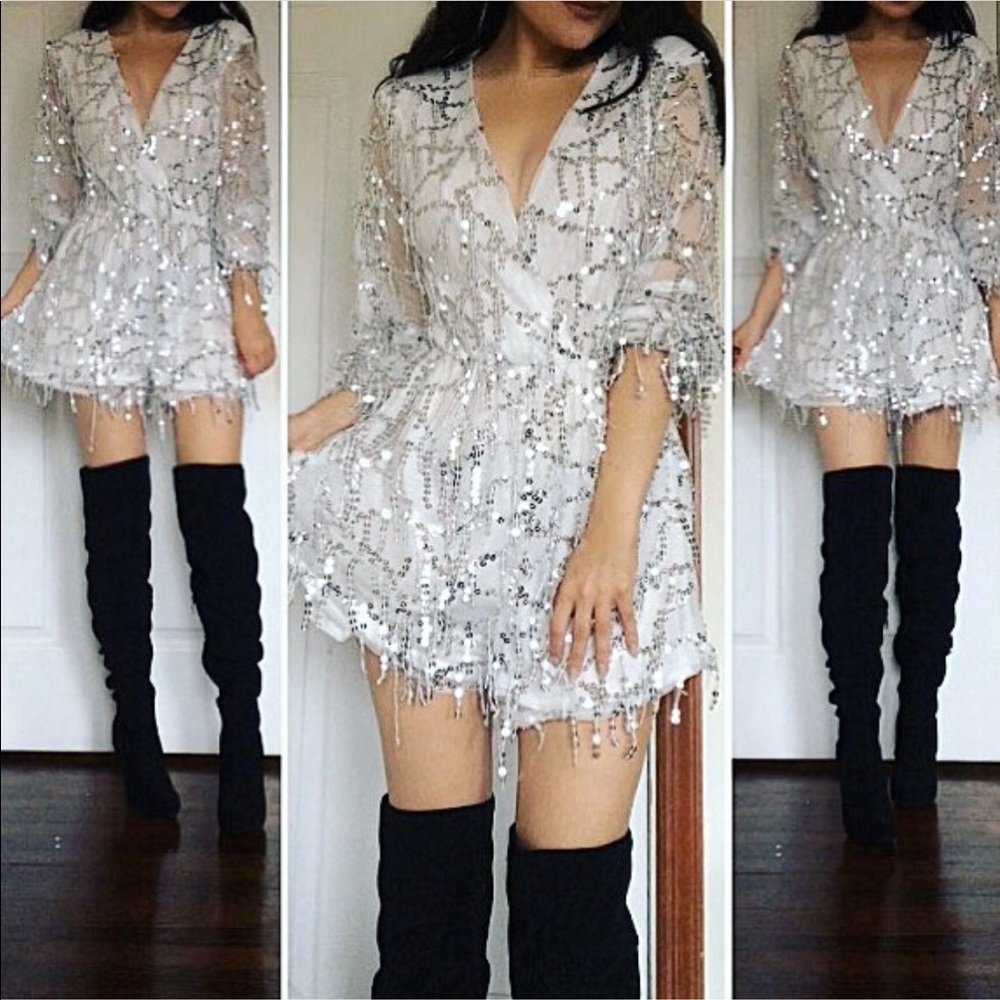 Holographic sequin fringe romper